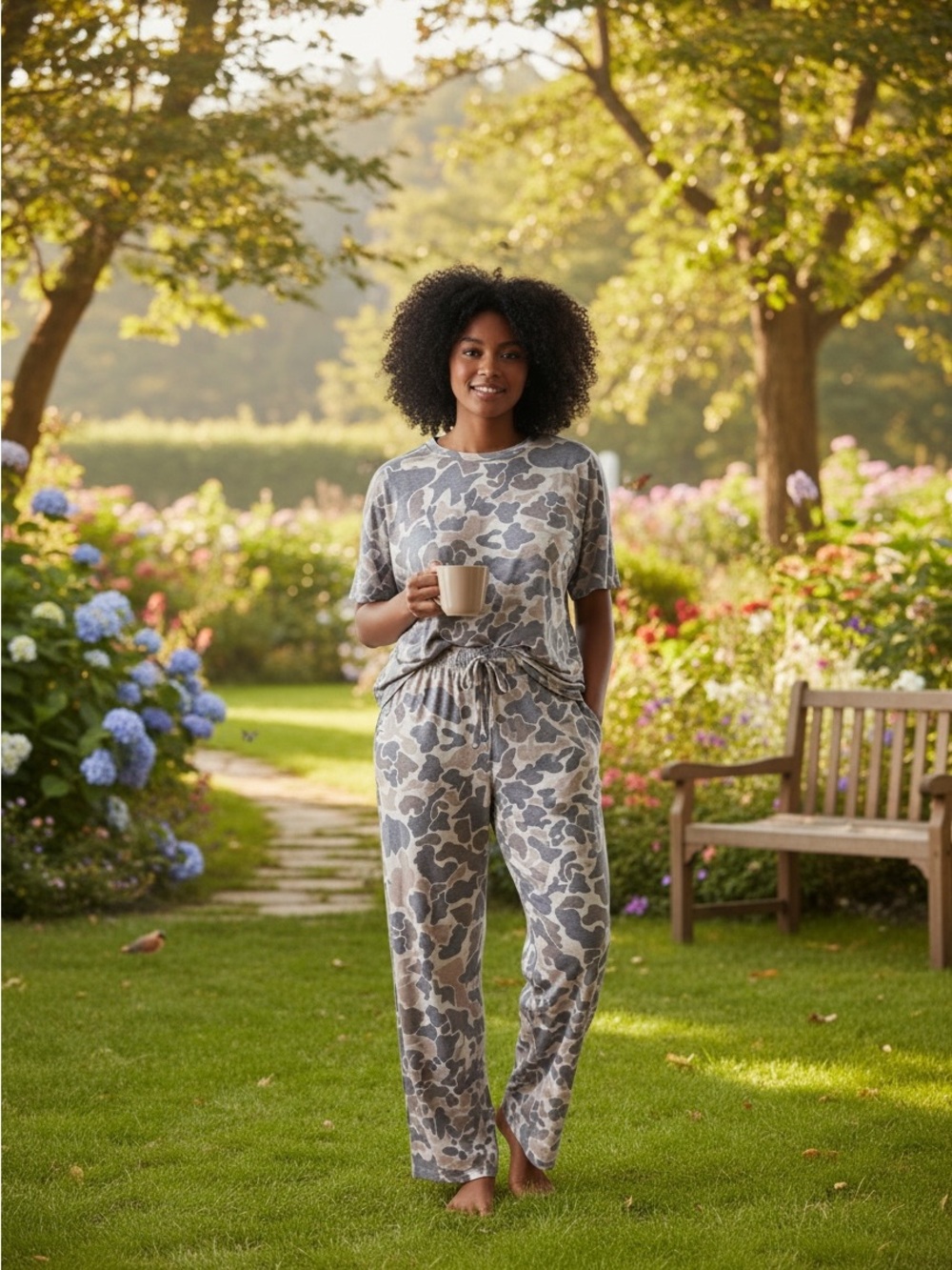 Relaxed Women's Lounge Pants & Top Set - Gray Camo